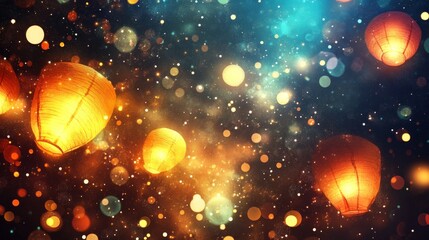 Obraz premium Colorful Floating Lanterns in a Starlit Night Sky Surrounded by Glimmering Bokeh and Soft Light Creating a Magical and Dreamy Atmosphere for Events and Celebrations
