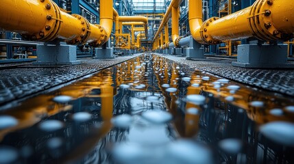 Industrial setting with yellow pipes and water reflection.