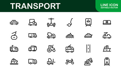 Comprehensive Transport Icon Pack. Editable, Minimalist Line Icons for Shipping, Logistics, Public Transport, and Travel Projects.