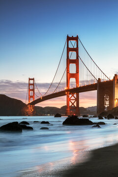 Golden gate bridge and bay at dawn, San Francisco, California, USA