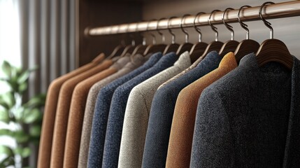 Obraz premium A display of neatly arranged sweaters on hangers.