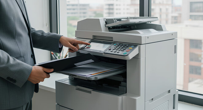 A man in a gray suit operates a multifunction printer in an office with large windows overlooking buildings.