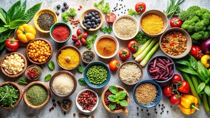 A vibrant collection of healthy grains, legumes, seeds, spices, and fresh vegetables arranged for a nutritious and delicious meal