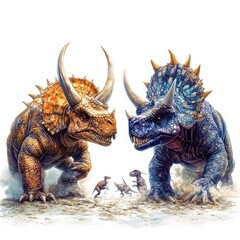Fototapeta premium Two colorful, horned dinosaurs face off, with smaller dinosaurs in the foreground.