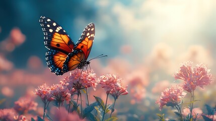 Vibrant Butterfly on Pink Blossoms in Sunlight