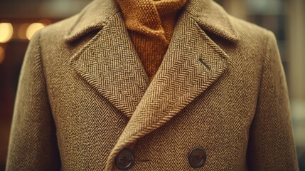 Stylish herringbone coat with a warm scarf.