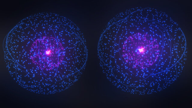 Image of an atomic structure consisting of protons, neutrons and electrons.Scientific picture of atoms,3d rendering