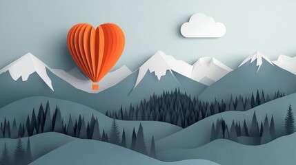 Heart-Shaped Hot Air Balloon Soaring Over Majestic Paper Mountains