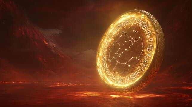 Astrological predictions on a glowing golden mirror cosmic realm digital artwork celestial environment dramatic viewpoint