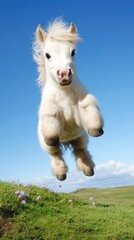 Fototapeta premium A playful white pony leaps joyfully against a clear blue sky, showcasing its vibrant energy.