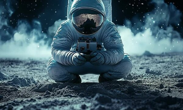 An astronaut kneels on a lunar surface, surrounded by stars and a misty atmosphere.
