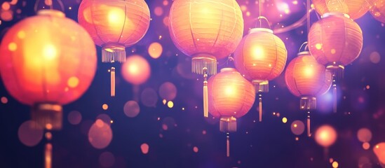 Illuminated red lanterns hanging on dark background with bokeh effect.