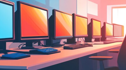 Naklejka premium A row of computer monitors on an office desk