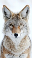 Fototapeta premium A close-up portrait of a coyote with sharp features and fur, set against a snowy background.