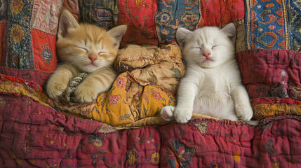 adorable sleeping orange and white kittens cuddling on patterned quilt with cozy domestic shorthair tabby and peaceful cute kitten napping in detailed close-up image of fabric