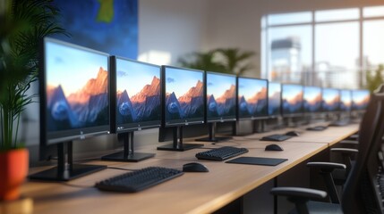 Naklejka premium A row of computer monitors on an office desk