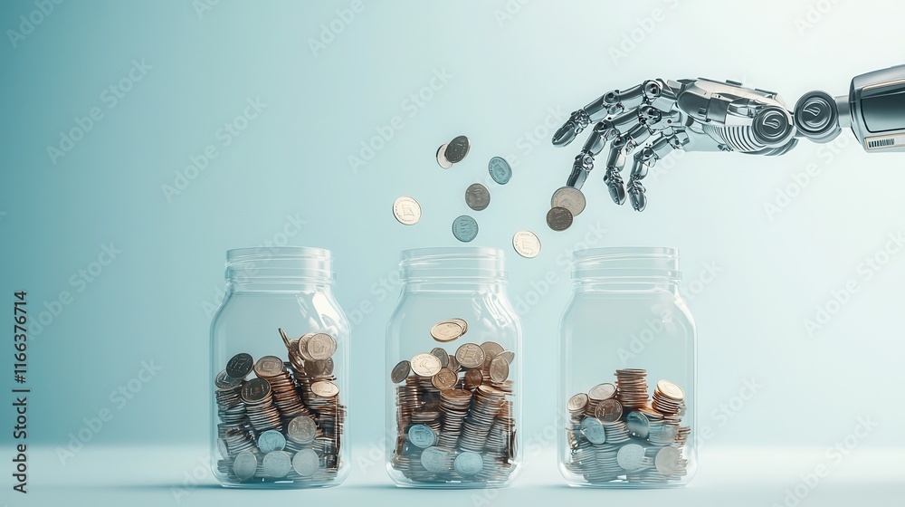 Fototapete a robotic hand is depositing coins into three transparent jars, symbolizing automation in finance an