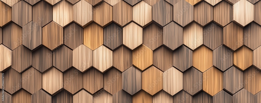 Aufkleber A close-up view of a textured wooden surface featuring interlocking hexagonal shapes in various shades of brown.