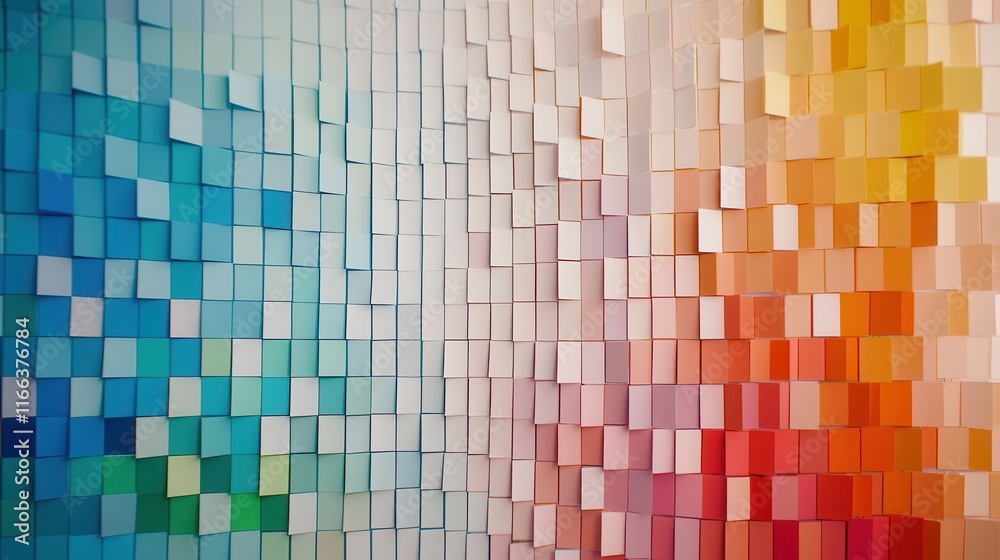 Aufkleber A vibrant, abstract arrangement of colorful square tiles transitioning from cool blues to warm reds, creating a visually striking pattern.