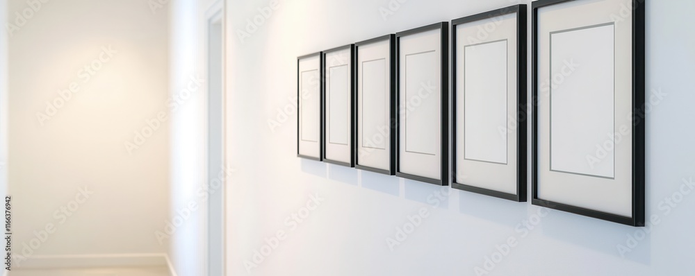 Aufkleber a minimalist hallway featuring five empty picture frames against a light-colored wall, creating a se