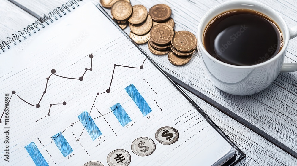 Poster a coffee cup beside a notebook with financial graphs and coins, representing business analysis and p