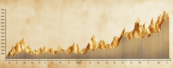 A vintage-style graph showing a steady upward trend, symbolizing growth over time with peaks and troughs represented by bars.