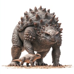 Fototapeta premium A large, spiked dinosaur-like creature stands beside a smaller dinosaur.