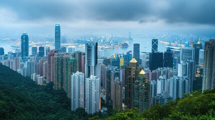 Obraz premium A panoramic view of Hong Kong's skyline at dusk, showcasing urban architecture and lighting.