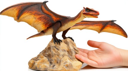 Obraz premium A hand reaches towards a realistic dragon toy perched on a rock.
