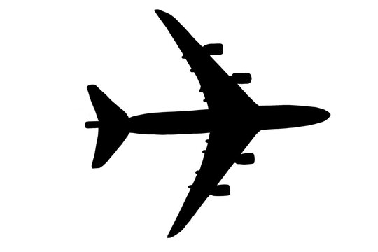 Black silhouette of an airplane on a white background for use in various graphic designs.