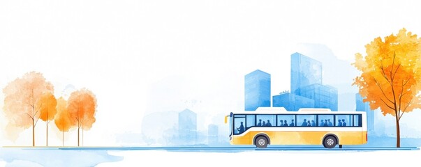 A watercolor illustration of a yellow bus traveling past colorful trees and modern buildings in an urban landscape.