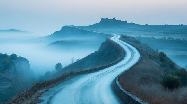 "journey along the foggy serpentine road of mystical hilltop castle under misty morning skies in dramatic rugged terrain" - Powered by Adobe