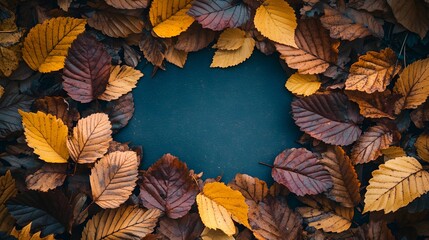 Fototapeta premium Autumn leaves create a circular frame on dark background