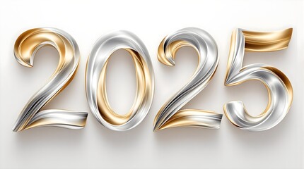 2025 New Year Celebration: Abstract Silver and Gold Swirl Ribbons, Modern Elegant Design, Seamless Background, Holiday, Anniversary, Event, Festive Concept