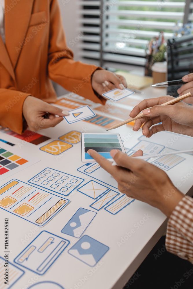 Wall mural process of creating an interface for a mobile app, user interface and experience concept, ux, ui, ux