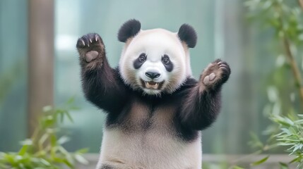 Obraz premium A playful panda raising its paws in a natural setting.