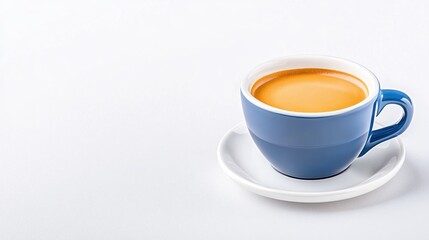 A blue cup filled with orange liquid on a white background.