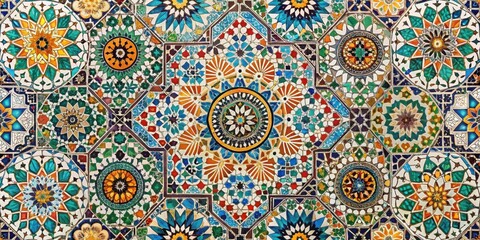 Intricate Colorful Mosaic Tile Pattern Featuring Geometric Floral Designs
