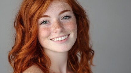 Fototapeta premium A young woman with freckles smiles warmly at the camera. Her red hair is styled in loose waves, adding to her relaxed and charming look