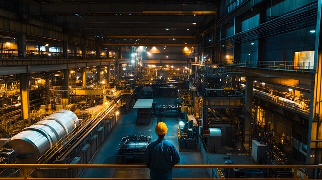 A lone worker in a hard hat stands overlooking a massive, brightly lit industrial factory at night.  The vastness of the facility and complex machinery is impressive.