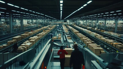 Fototapeta premium A vast, modern warehouse interior with automated conveyor belts carrying numerous cardboard boxes.