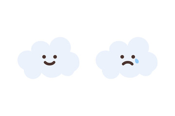 Smiling and sad crying cartoon cloud set. Natural, weather, forecast concepts.  Flat decorative vector design isolated illustration.