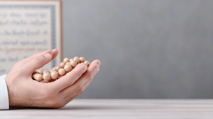 A hand holding prayer beads with religious text in the background.