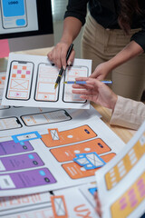 Ui/ux designers are discussing mobile app templates, focusing on user interface and user experience...