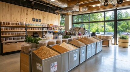 A spacious store featuring bulk food items and natural products for sustainable shopping.