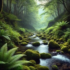 Fototapeta premium A serene mountain stream with moss-covered rocks and tall ferns on the banks. Generative AI