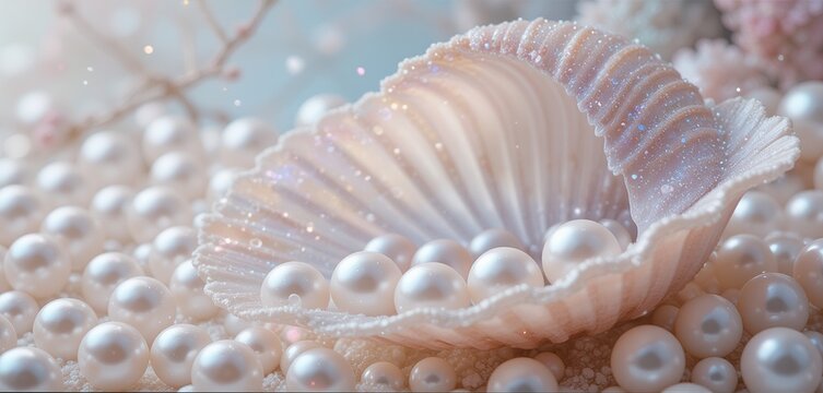 Wallpaper image of a clam shell emitting pearl beads in a soft pink color, decorated with blinking light like crystal light