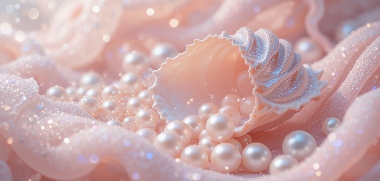 Wallpaper image of a clam shell emitting pearl beads in a soft pink color, decorated with blinking light like crystal light