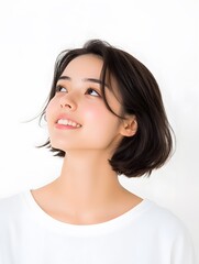 Fototapeta premium Asian female student with short hair wearing simple white clothes, Generative AI 