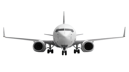 Front view of a white passenger airplane, showcasing its engines, wings, and cockpit on a png transparency.